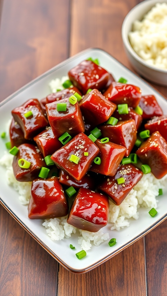 Air fryer Korean beef bites garnished with green onions and sesame seeds, served with rice on a rustic table.